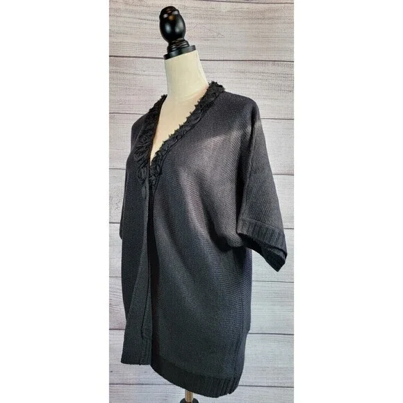 CHICO'S Flower Collar Knit Open Cardigan Black Size 3 (XL/16) - Picture 5 of 6